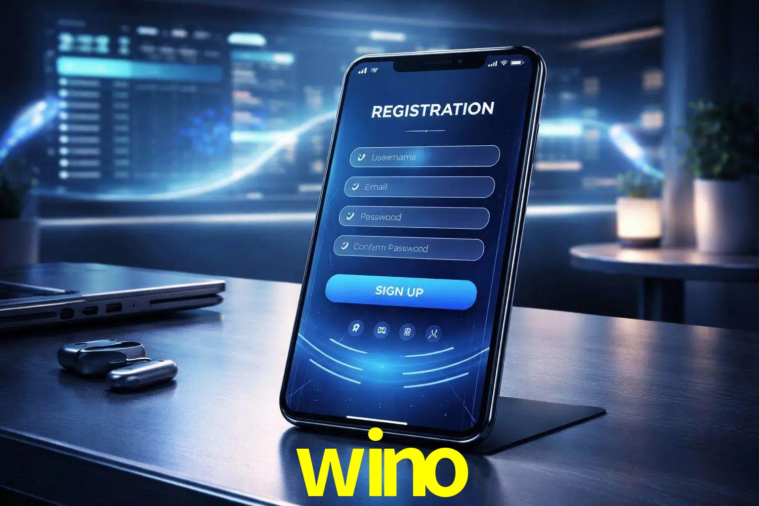 Una interfaz moderna de registro móvil para wino mostrada en un smartphone con un panel de apuestas elegante.